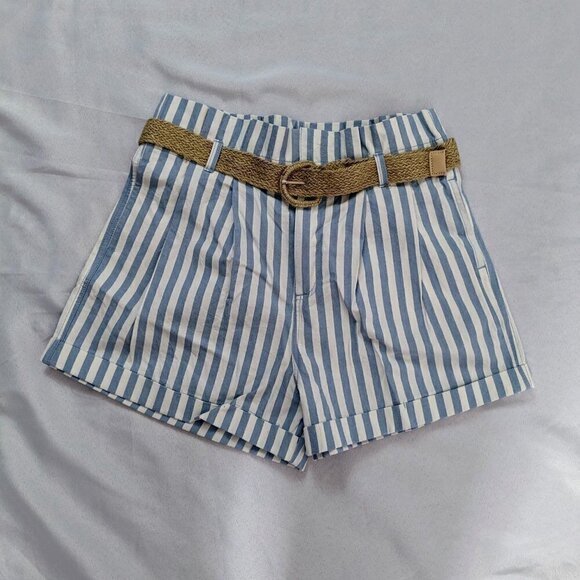 Mine Paper Bag Blue Nautical Striped Shorts Belted Beach Casual Summer Womens M - Picture 2 of 4